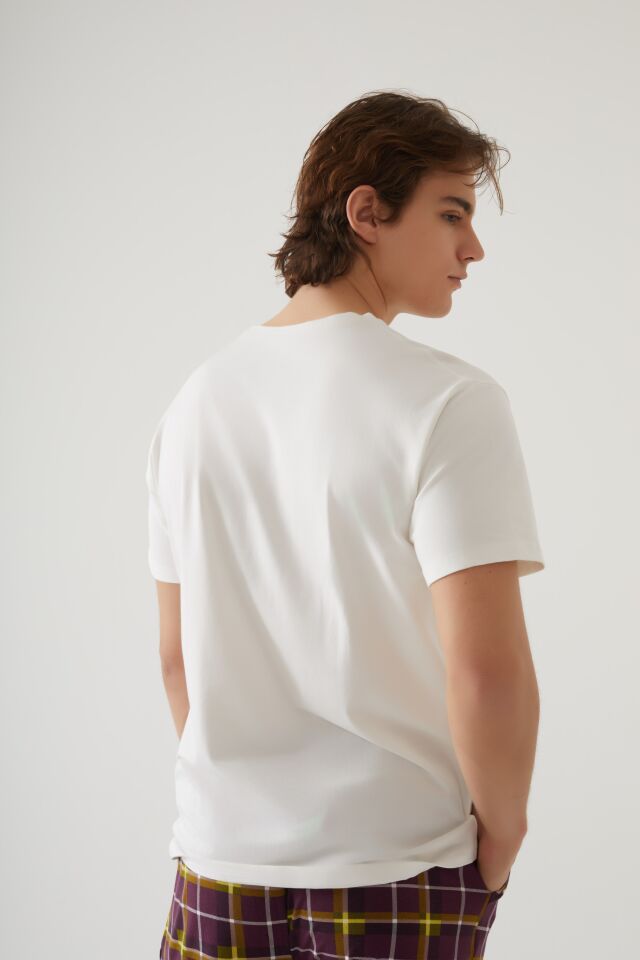 Erkek Kısa Kollu Pamuklu Ekose Desenli Breakfast Baskılı Pijama Takımı Bordo - Ekru - Sarı - XL