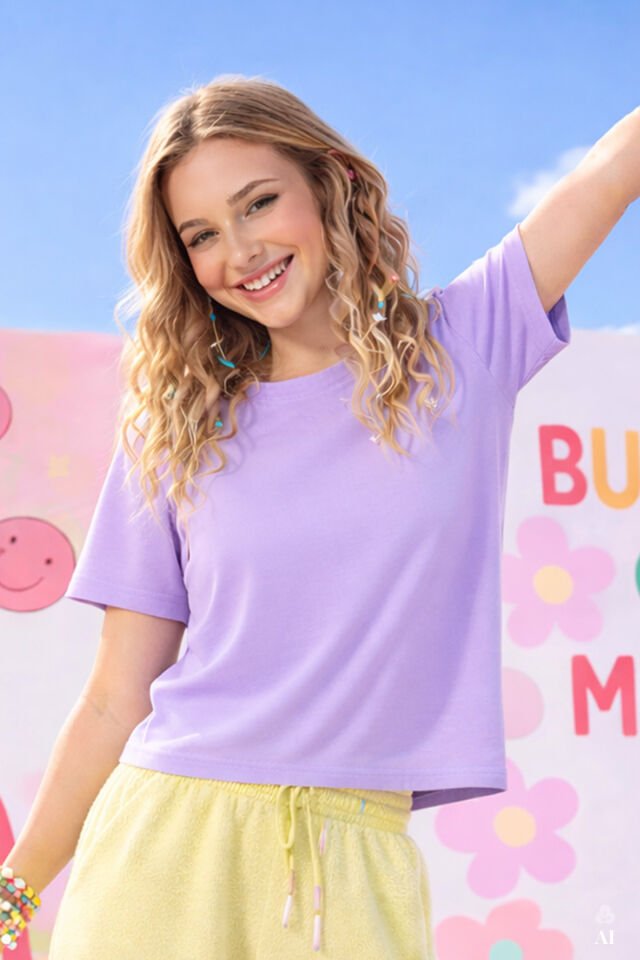 Genç Kız Pamuklu Oversize Kısa Kollu Tshirt 13-14 Yaş - Lila