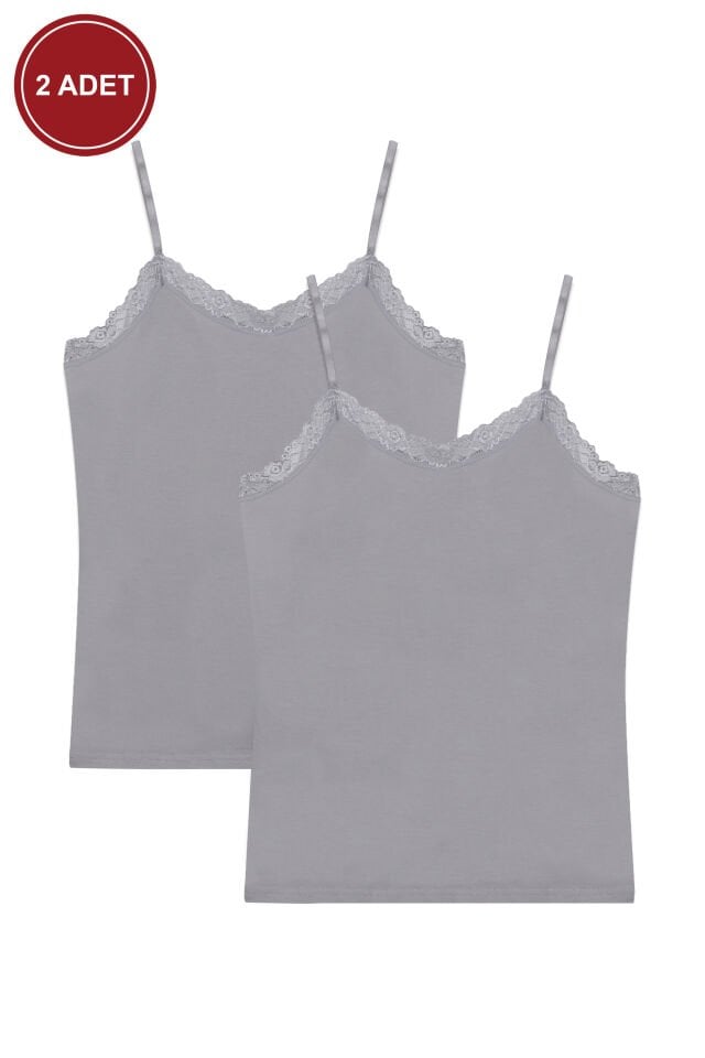 Kadın 2'li Ip Askılı Dantelli - Ayar Halkalı Atlet Gri - 2XL - Gri - 2XL