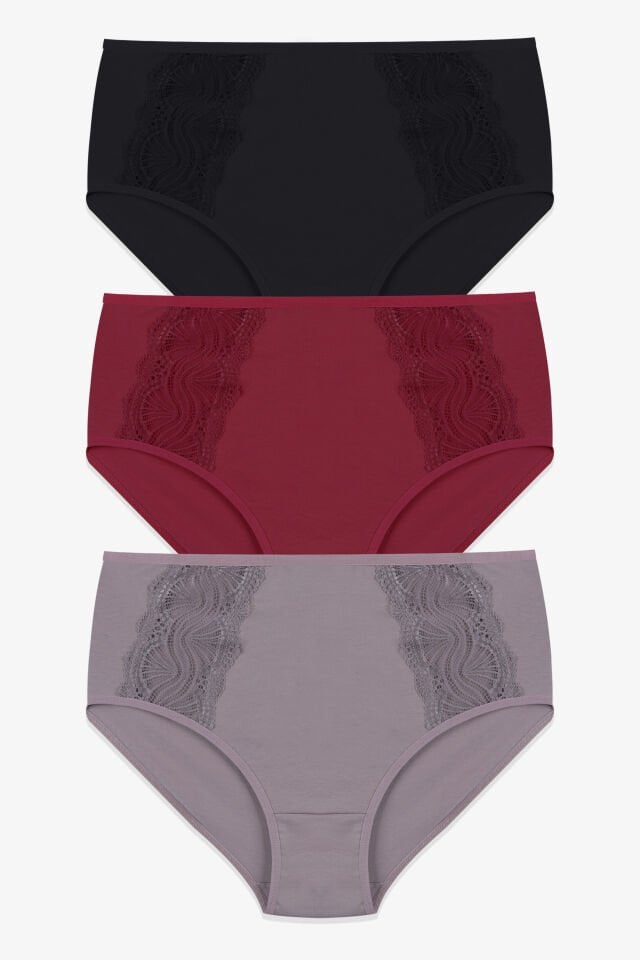 Kadın 3’lü Dantel Detaylı Pamuklu Külot XL/2XL - Çok Renkli