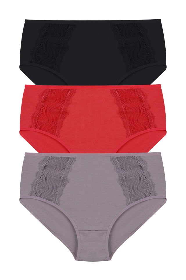 Kadın 3’lü Dantel Detaylı Pamuklu Külot XL/2XL - Çok Renkli