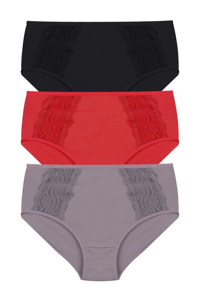 Kadın 3’lü Dantel Detaylı Pamuklu Külot XL/2XL - Çok Renkli