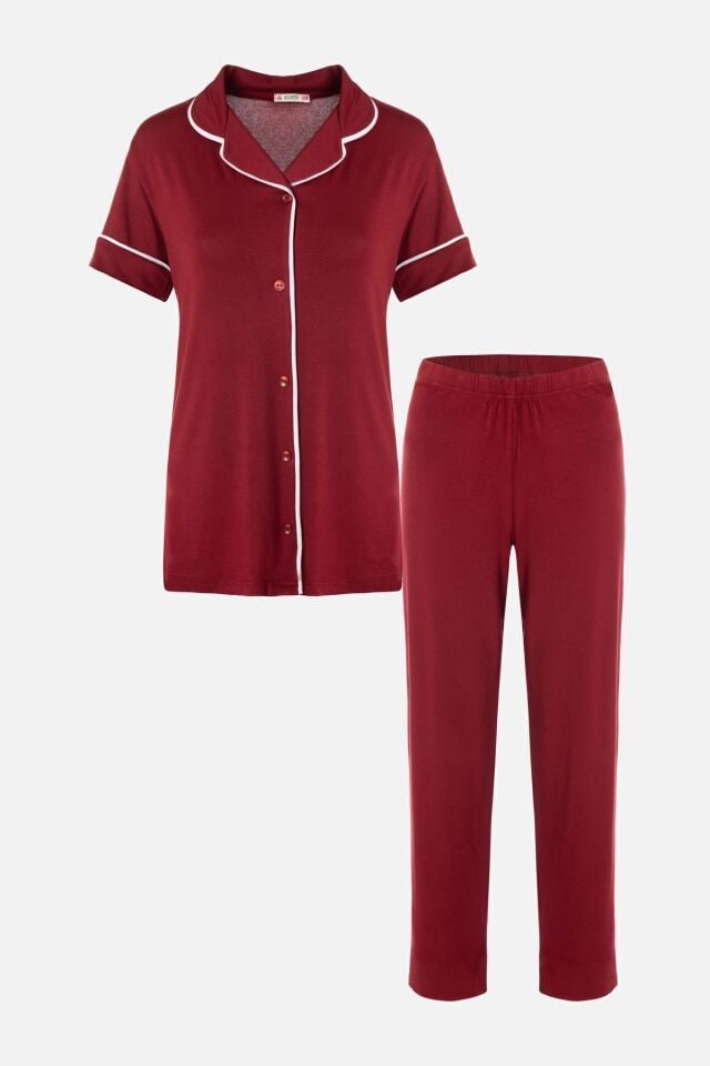 Sevgililer Günü Temalı Kadın Kısa Kollu Viskon - Yumuşak Dokulu Düğmeli Biyeli Bol Paça Pijama Takımı KO70121 Bordo - M - KO70121 Bordo - M