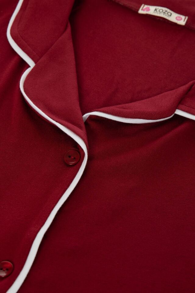 Sevgililer Günü Temalı Kadın Kısa Kollu Viskon - Yumuşak Dokulu Düğmeli Biyeli Bol Paça Pijama Takımı KO70121 Bordo - M - KO70121 Bordo - M