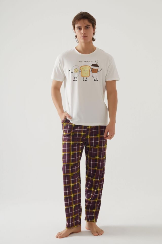 Erkek Kısa Kollu Pamuklu Ekose Desenli Breakfast Baskılı Pijama Takımı Bordo - Ekru - Sarı - 2XL