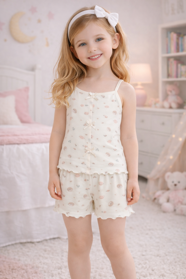 Kız Çocuk Pamuklu Desenli Fiyonklu Askılı Şortlu Pijama Takımı Pudra - Ekru - 7-8 Yaş