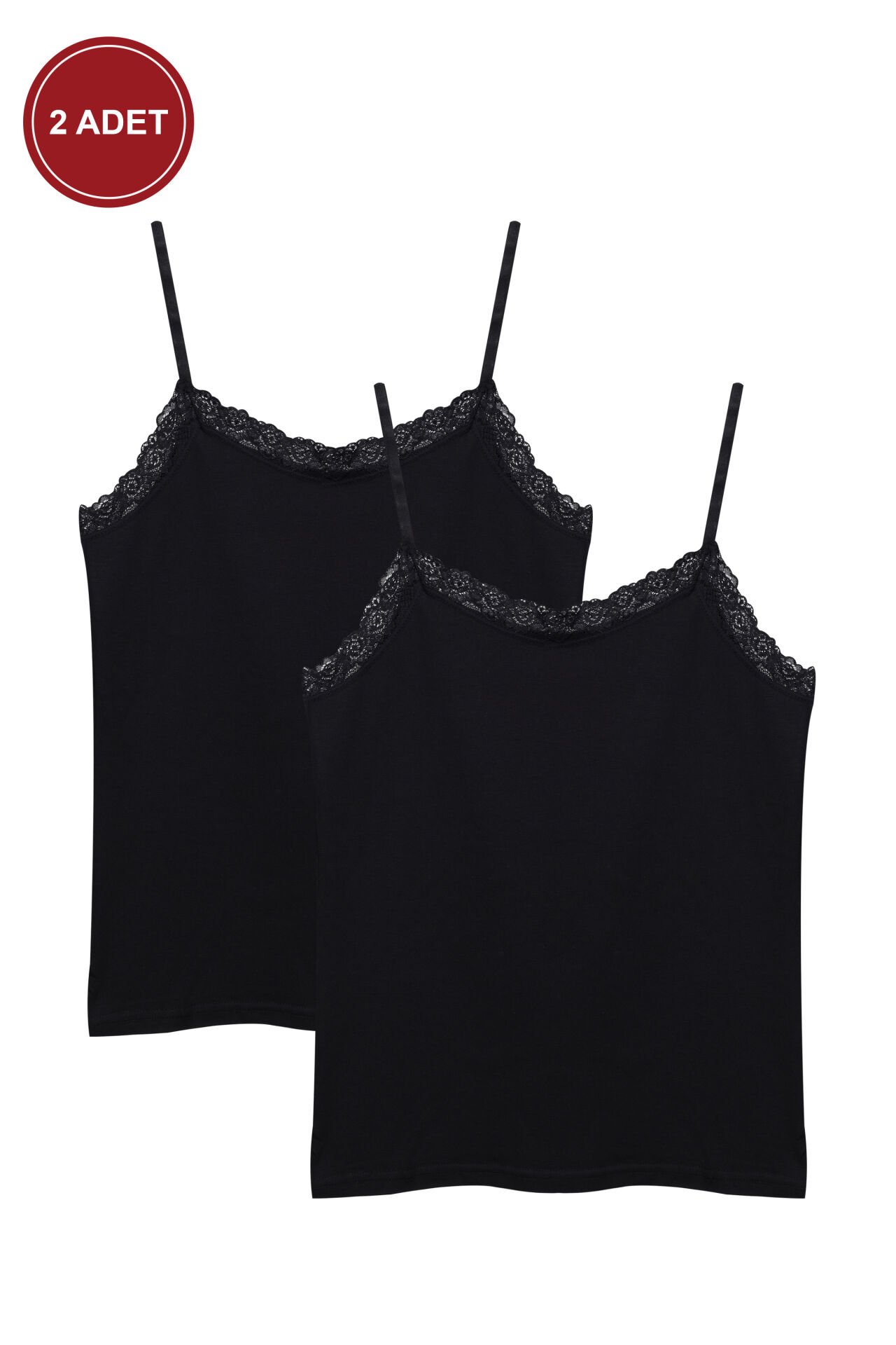 Kadın 2'li Ip Askılı Dantelli - Ayar Halkalı Atlet Siyah - 2XL - Siyah - 2XL