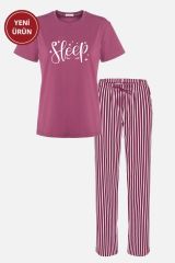 Kadın Kısa Kollu Pamuklu Çizgili Pijama Takımı