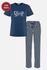 Kadın Kısa Kollu Pamuklu Çizgili Pijama Takımı