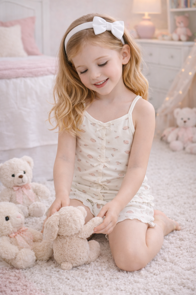 Kız Çocuk Pamuklu Desenli Fiyonklu Askılı Şortlu Pijama Takımı Pudra - Ekru - 9-10 Yaş