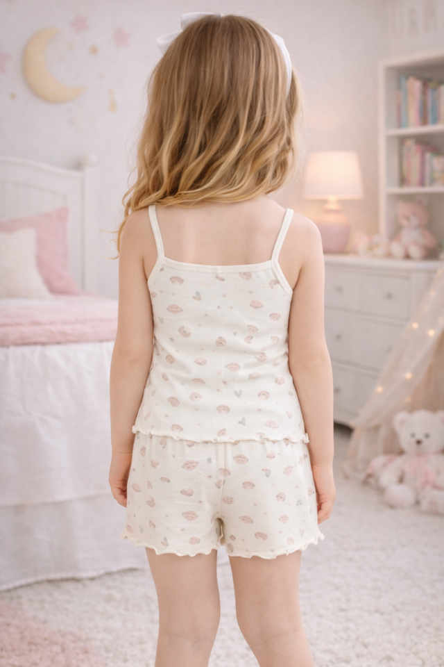 Kız Çocuk Pamuklu Desenli Fiyonklu Askılı Şortlu Pijama Takımı Pudra - Ekru - 9-10 Yaş