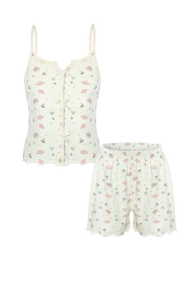 Kız Çocuk Pamuklu Desenli Fiyonklu Askılı Şortlu Pijama Takımı Pudra - Ekru - 9-10 Yaş