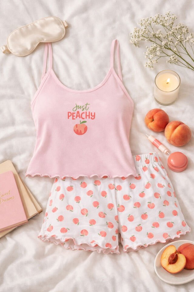 Kadın Pamuklu Baby Overloklu İp Askılı Şortlu Pijama Takımı KO70123 Şeftali - XL