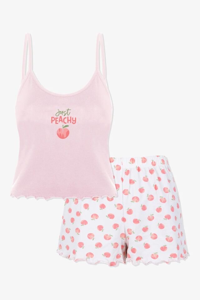 Kadın Pamuklu Baby Overloklu İp Askılı Şortlu Pijama Takımı KO70123 Şeftali - XL