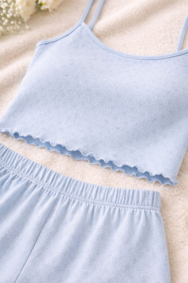 Kadın Pamuklu İp Askılı Şort Takım L - Mavi