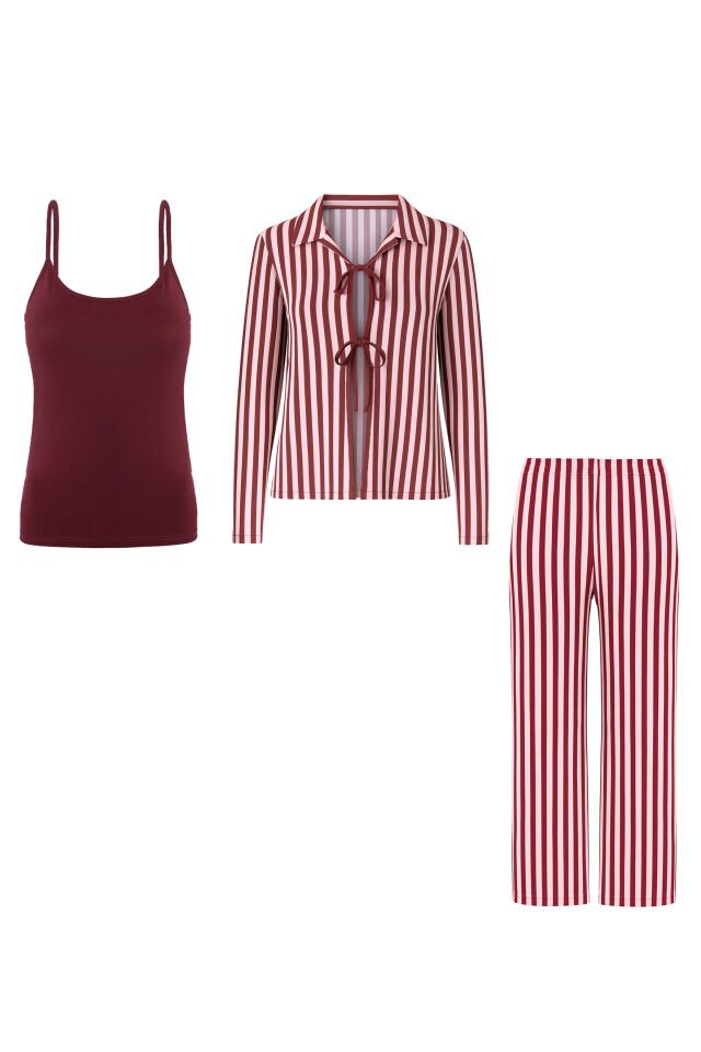 3'lü Çizgili Pamuklu Pijama Takımı Bordo - Pembe - M