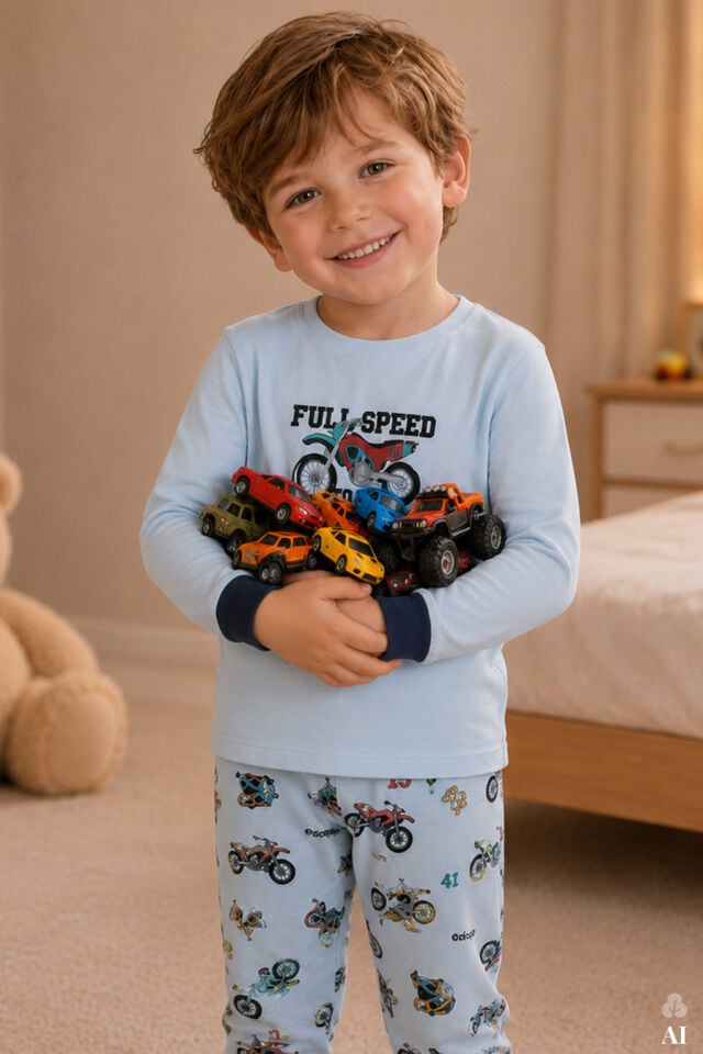 Erkek Çocuk Pamuklu Baskılı Uzun Kollu Uzun Alt Pijama Takımı Açık Mavi - 9-10 Yaş