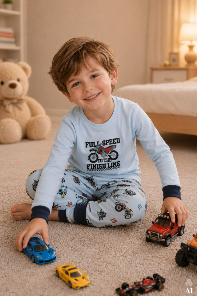 Erkek Çocuk Pamuklu Baskılı Uzun Kollu Uzun Alt Pijama Takımı Açık Mavi - 9-10 Yaş