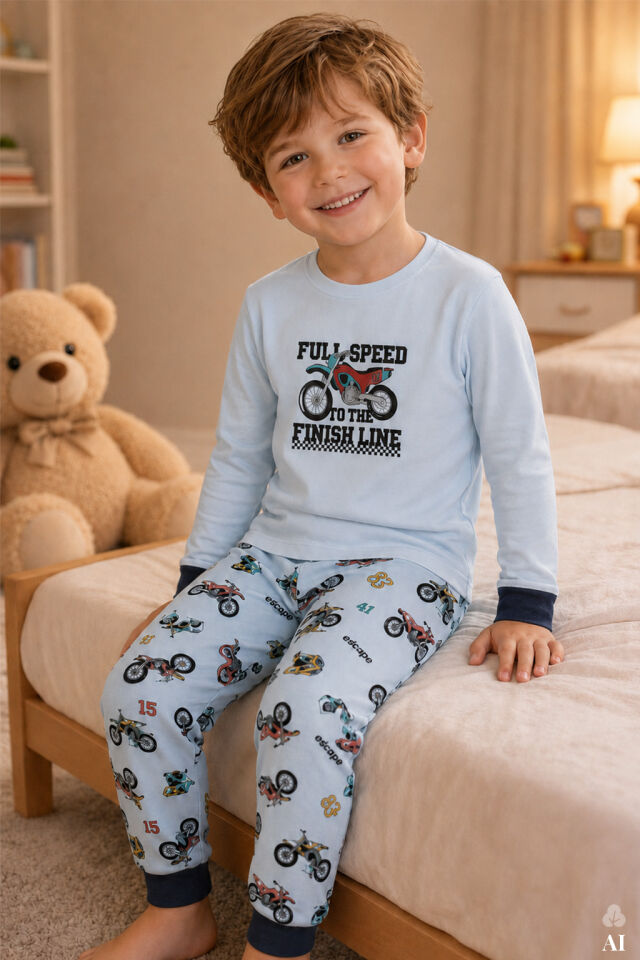 Erkek Çocuk Pamuklu Baskılı Uzun Kollu Uzun Alt Pijama Takımı Açık Mavi - 9-10 Yaş