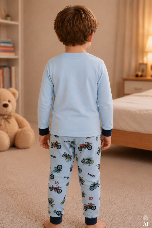 Erkek Çocuk Pamuklu Baskılı Uzun Kollu Uzun Alt Pijama Takımı Açık Mavi - 9-10 Yaş