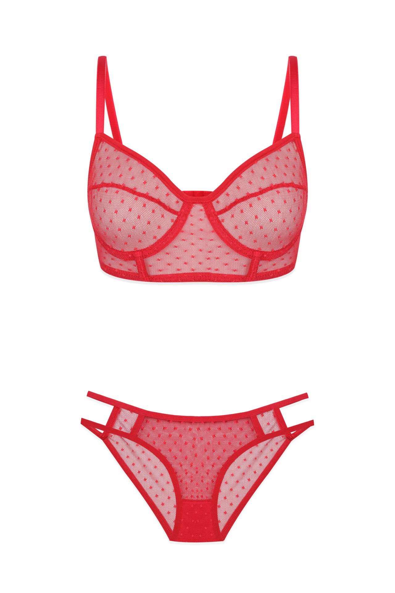 Sevgililer Günü Temalı Kadın Kırmızı Puanlı Tül Sütyen Takımı Kırmızı - 85B