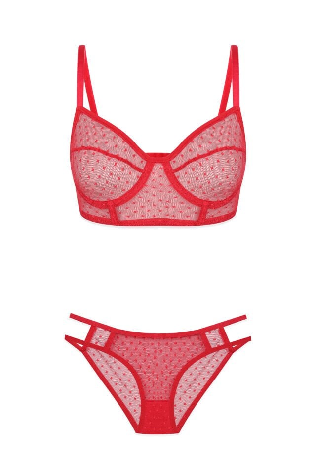Sevgililer Günü Temalı Kadın Kırmızı Puanlı Tül Sütyen Takımı Kırmızı - 85B