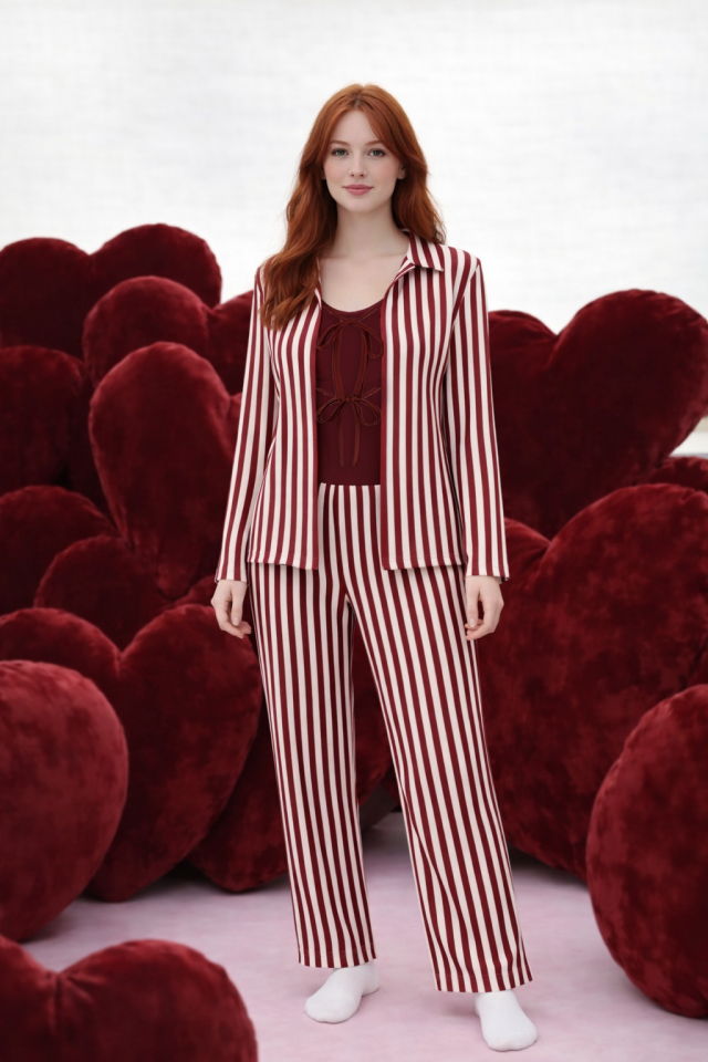 3'lü Çizgili Pamuklu Pijama Takımı Bordo - Pembe - XL