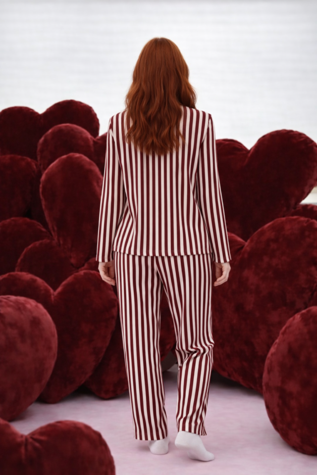 3'lü Çizgili Pamuklu Pijama Takımı Bordo - Pembe - XL