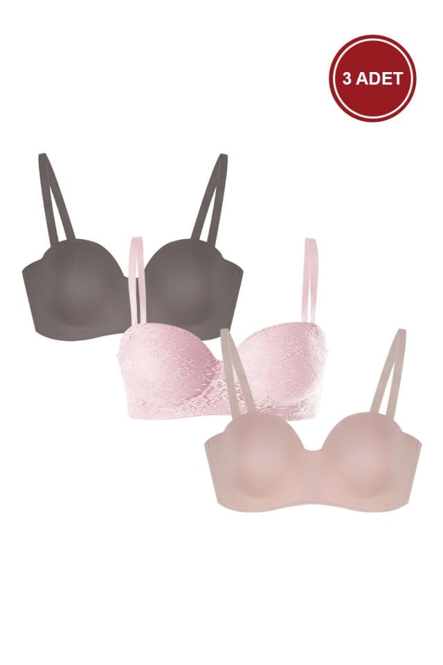 Çok Renkli 3'lü Dantelli Micro Kaplı Straplez Sütyen Pembe - Ten - 95B