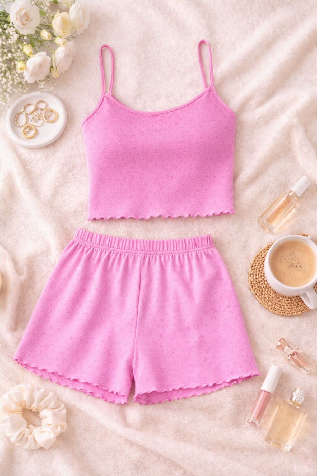 Kadın Pamuklu İp Askılı Şort Takım XL - Pembe