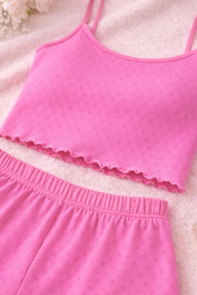 Kadın Pamuklu İp Askılı Şort Takım XL - Pembe