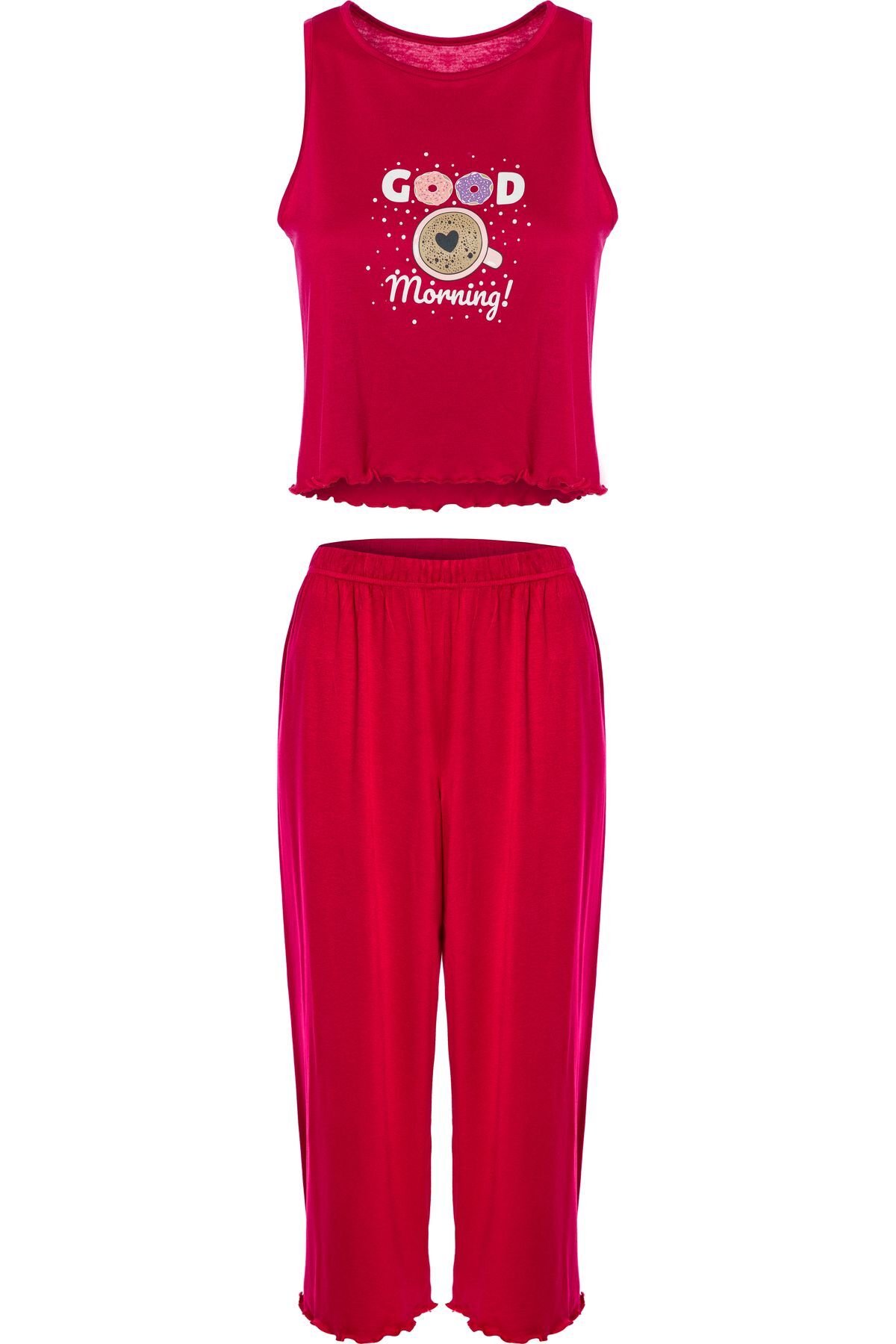 Kadın Yumuşak Dokulu Sıfır Kollu Kaprili Pijama Takımı A1043 Vişne - XL