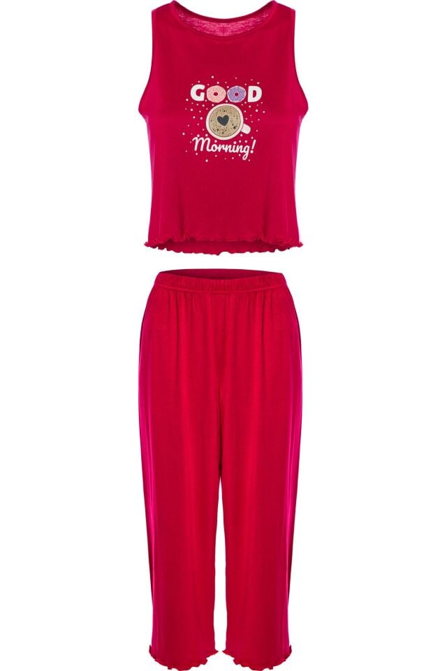 Kadın Yumuşak Dokulu Sıfır Kollu Kaprili Pijama Takımı A1043 Vişne - XL
