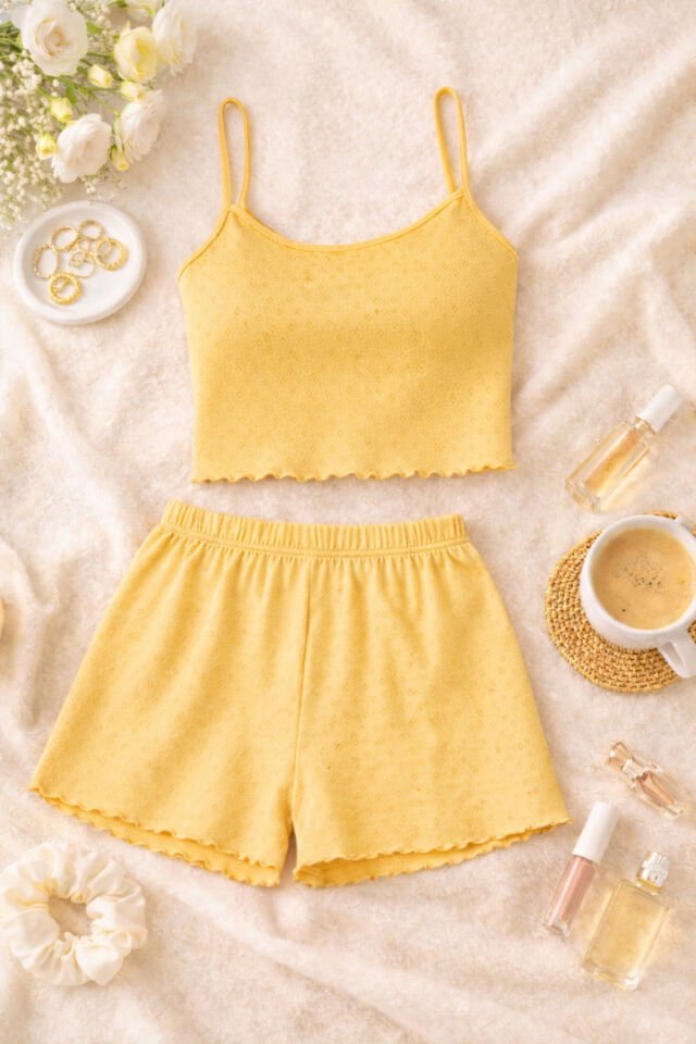 Kadın Pamuklu İp Askılı Şort Takım S