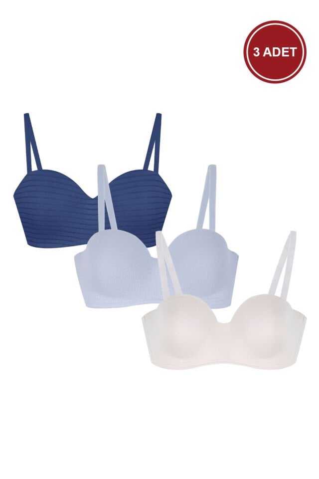 Çok Renkli 3'lü Pamuklu Mikro Kaplı  Straplez Sütyen İndigo - Beyaz - 90B