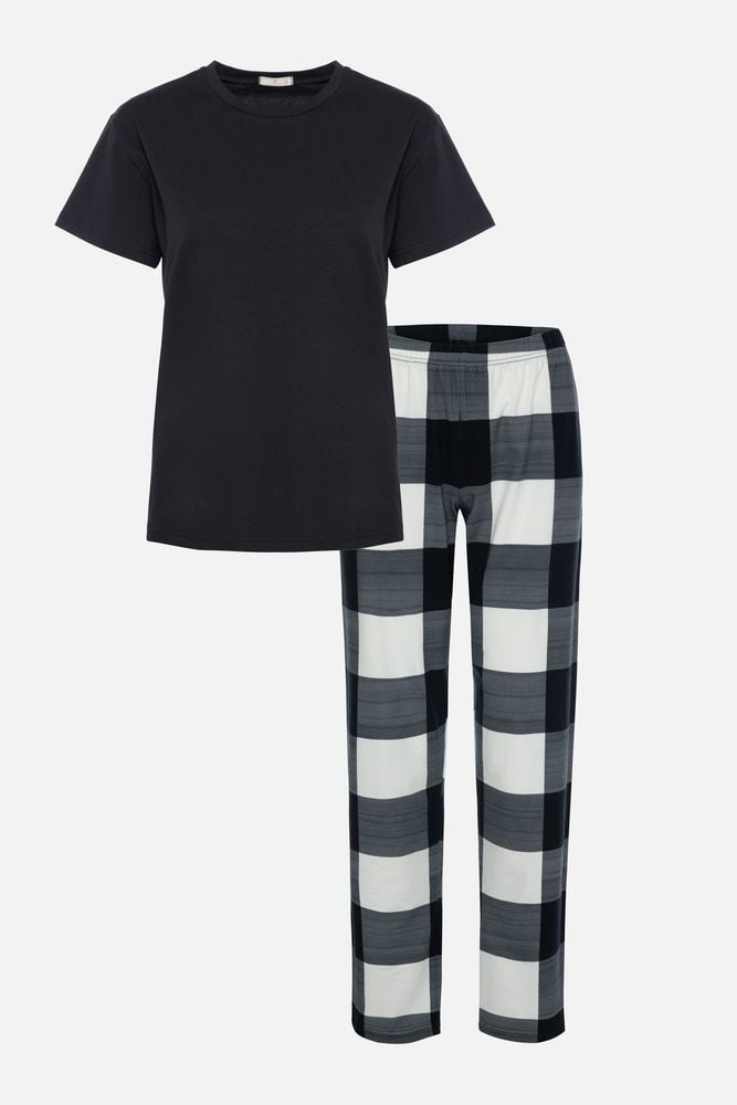 Kadın Kısa Kollu Pamuklu Ekose Desenli Pijama Takımı