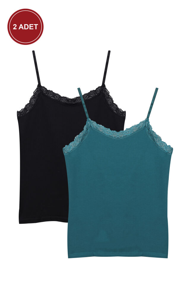 Kadın 2'li Ip Askılı Dantelli - Ayar Halkalı Atlet Siyahyesil - L/XL - Siyahyesil - L/XL