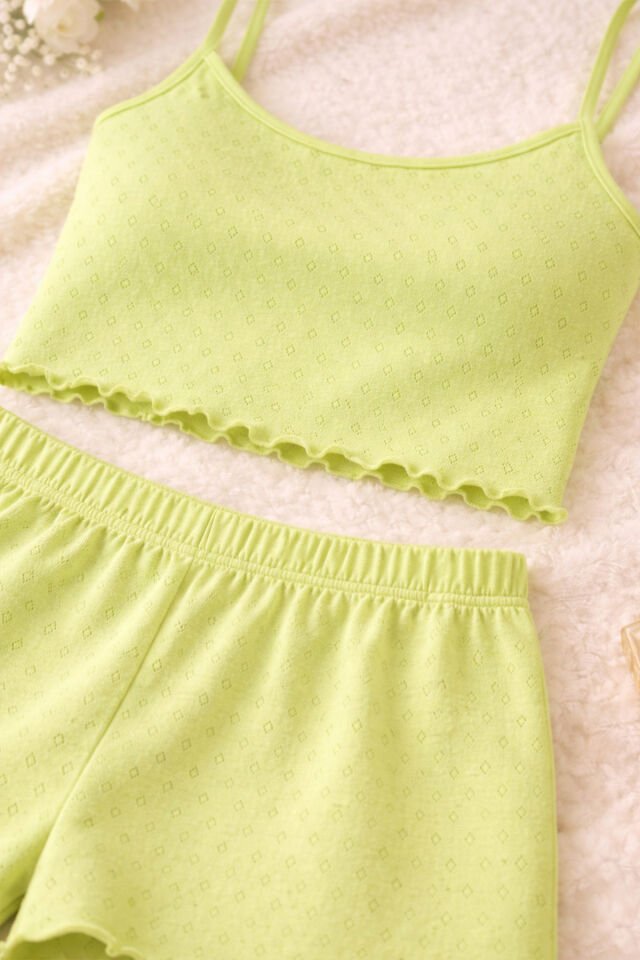 Kadın Pamuklu İp Askılı Şort Takım M - Yeşil