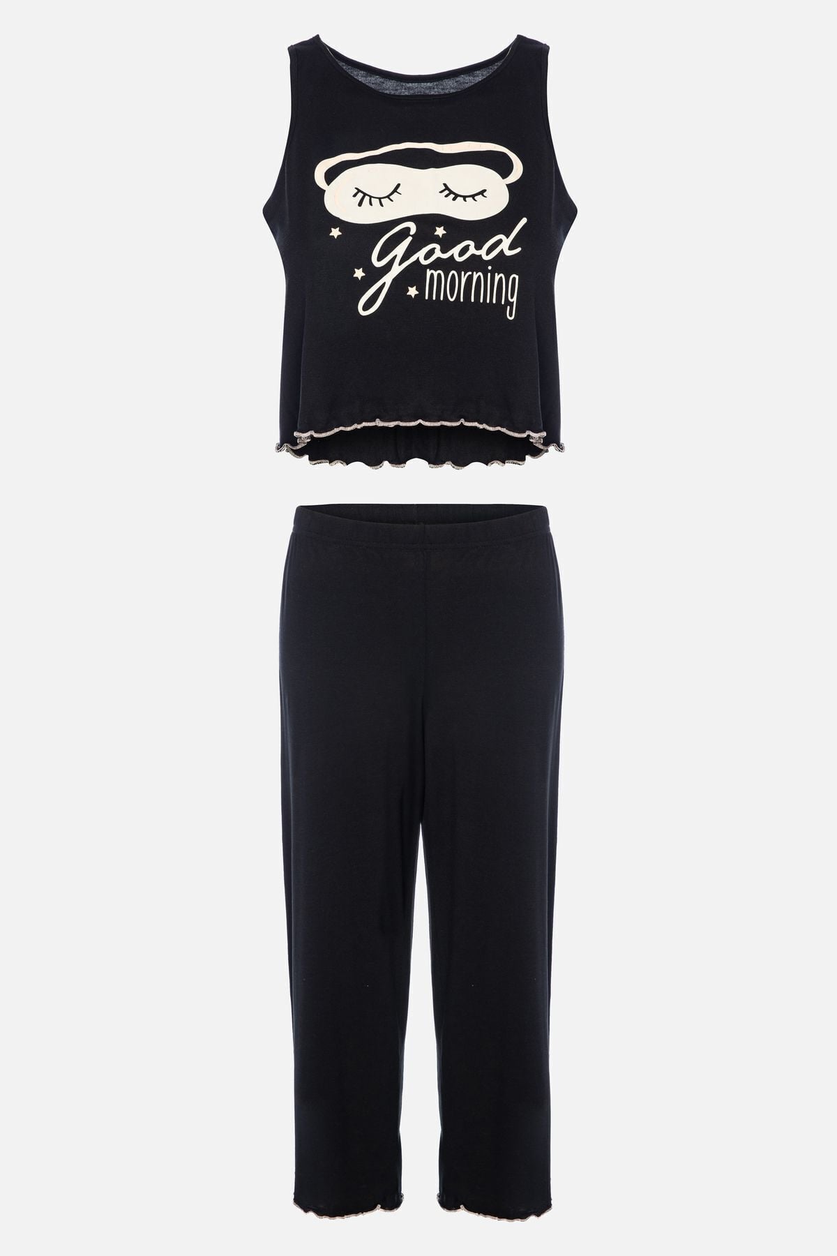 Kadın Yumuşak Dokulu Sıfır Kollu Kaprili Pijama Takımı Siyah - L