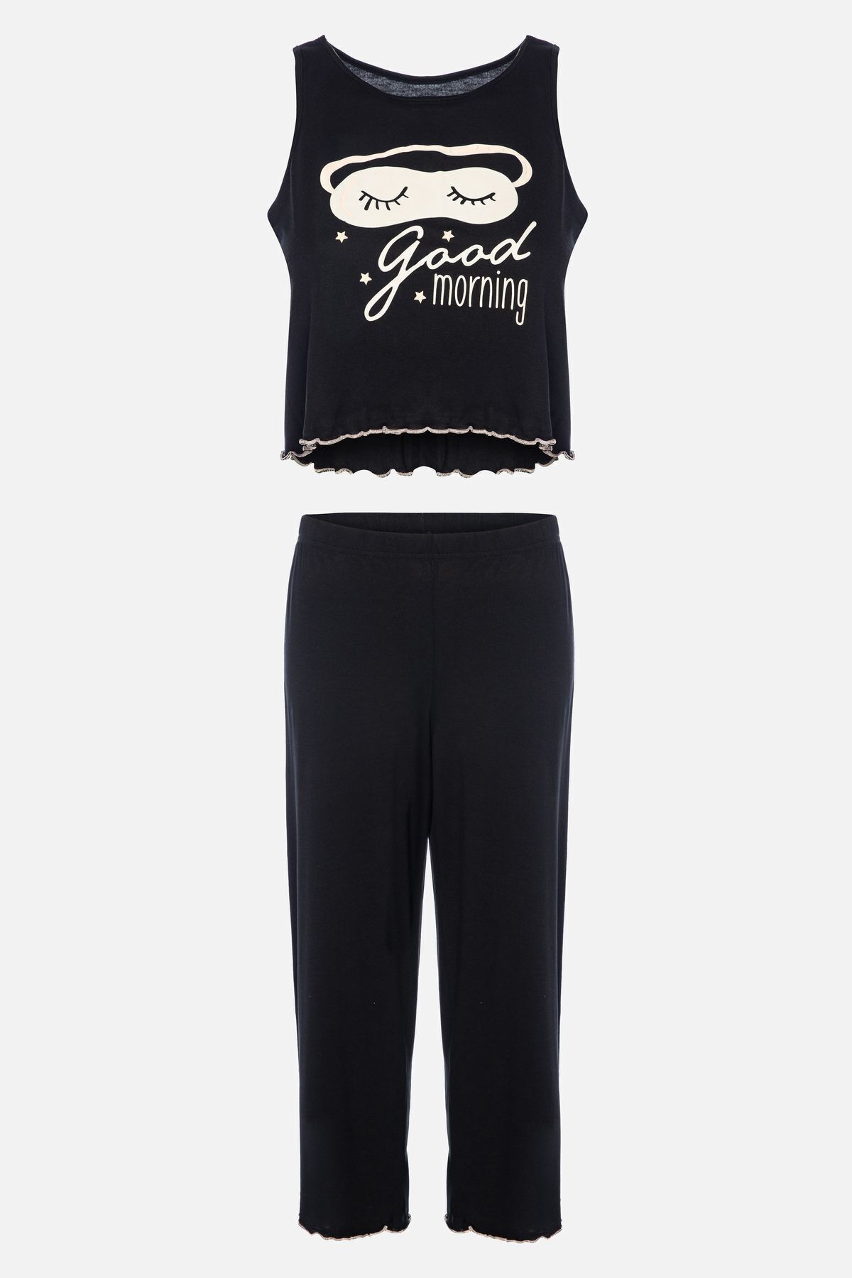 Kadın Yumuşak Dokulu Sıfır Kollu Kaprili Pijama Takımı Siyah - L