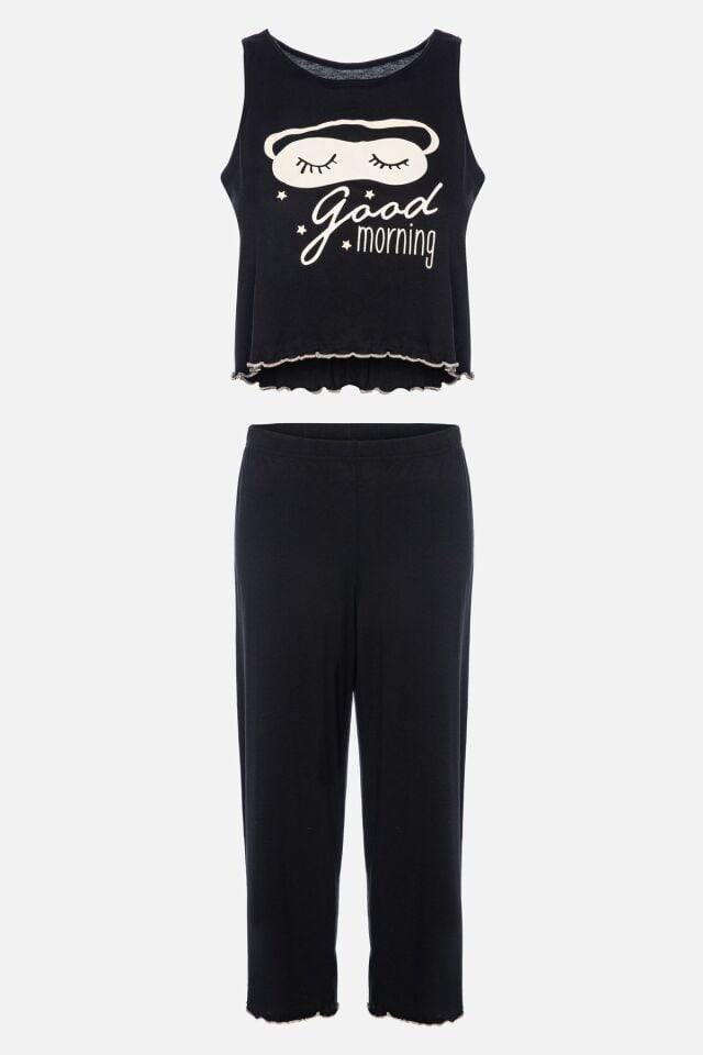 Kadın Yumuşak Dokulu Sıfır Kollu Kaprili Pijama Takımı Siyah - L