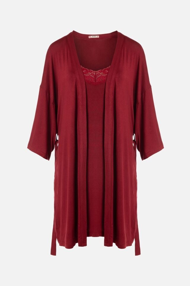 Sevgililer Günü Temalı Kadın Viskon - Yumuşak Dokulu İkili Dantelli Gecelik Sabahlık Takım KO70120 Bordo - S - KO70120 Bordo - S