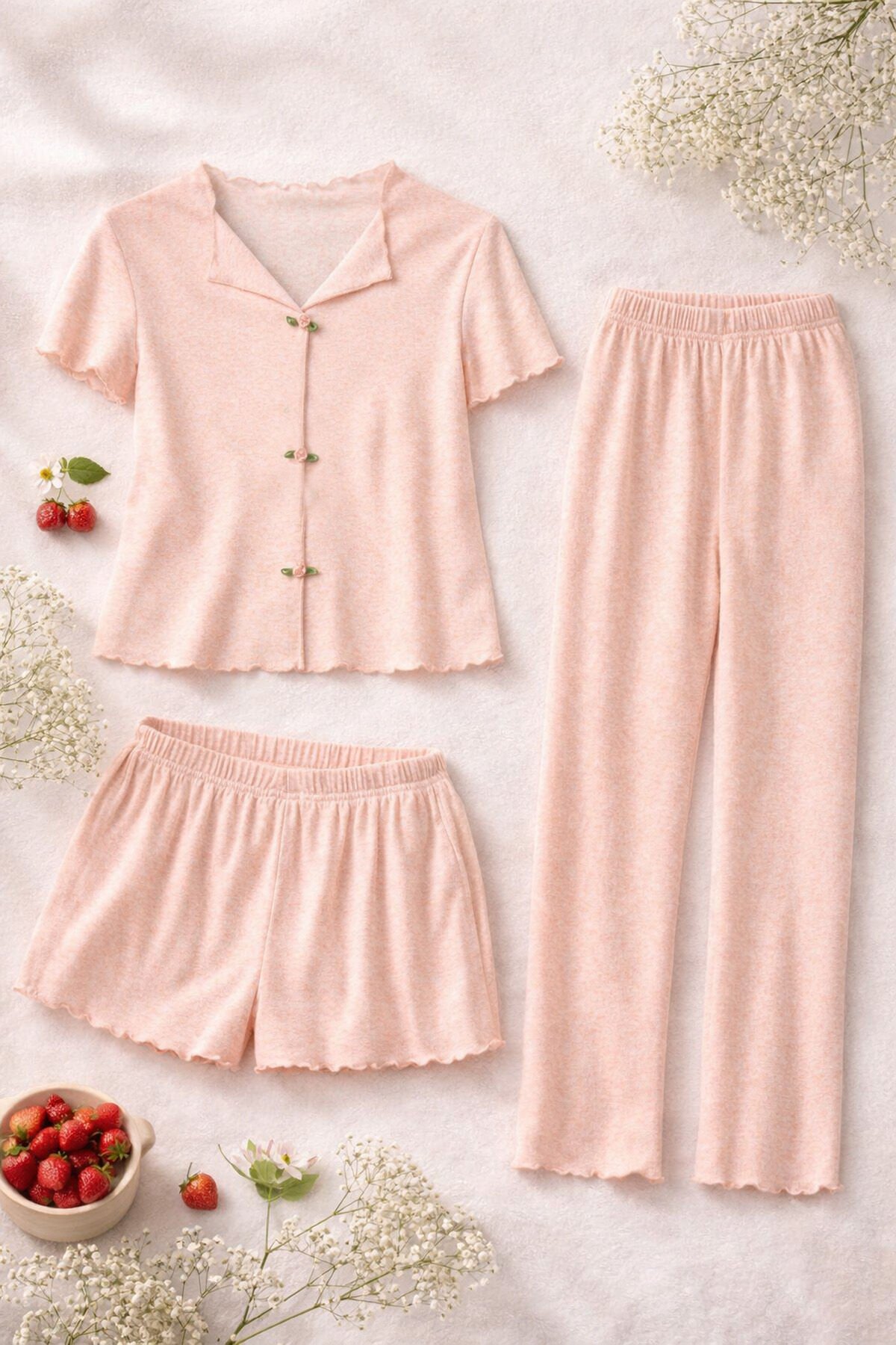 Kadın Pamuklu 3'lü Yeşil Fiyonklu Kaşkorse Pijama Takımı M - Pembe