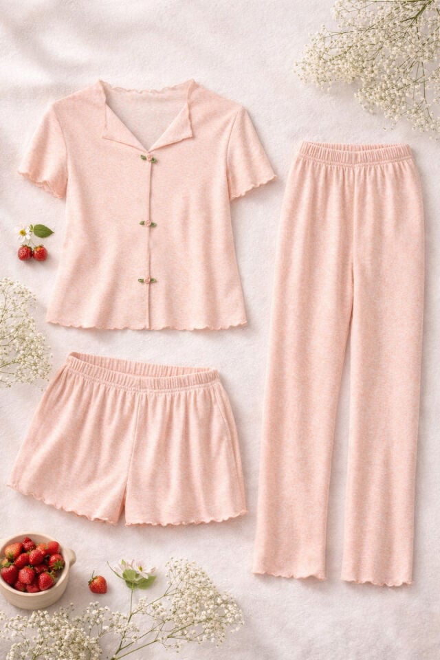 Kadın Pamuklu 3'lü Yeşil Fiyonklu Kaşkorse Pijama Takımı M - Pembe
