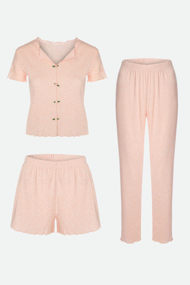Kadın Pamuklu 3'lü Yeşil Fiyonklu Kaşkorse Pijama Takımı M - Pembe