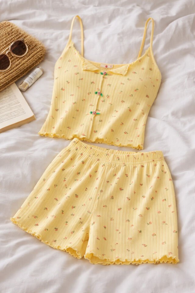 Kadın İnce Askılı Fiyonklu Pamuklu Şortlu Pijama Takımı S