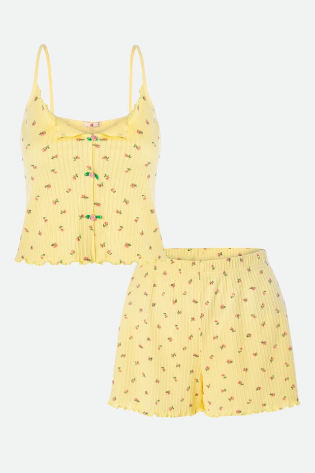 Kadın İnce Askılı Fiyonklu Pamuklu Şortlu Pijama Takımı S