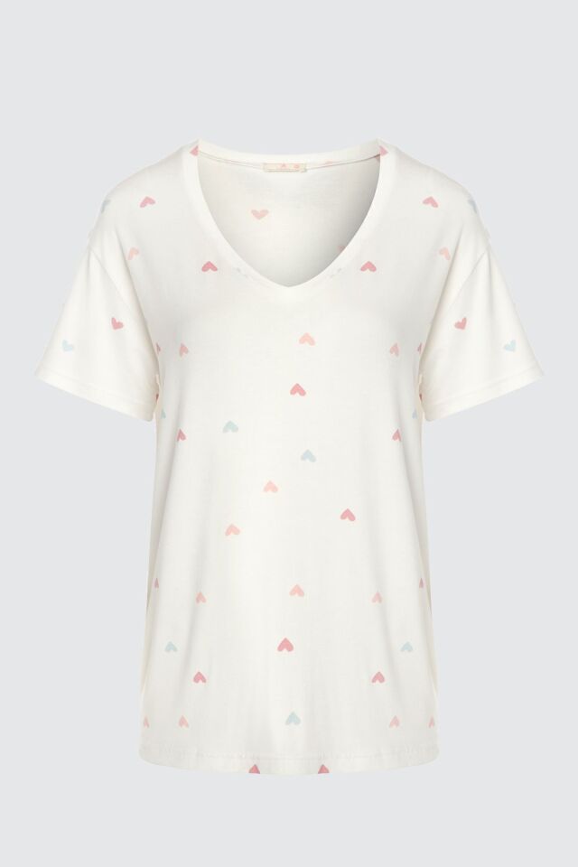 Kadın Kısa Kollu Viskon Kalp Desenli Şortlu Pijama Takımı