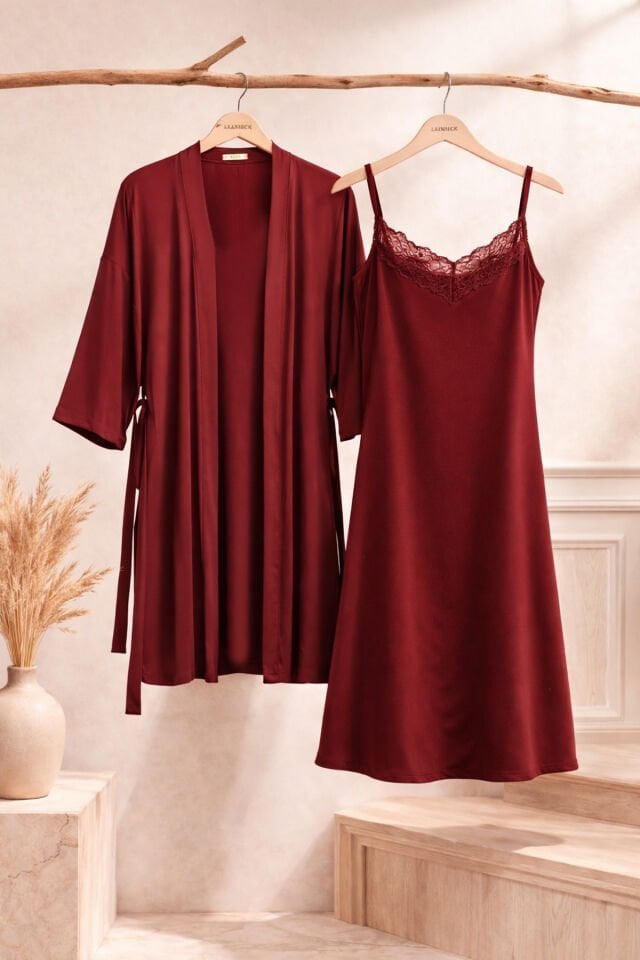 Sevgililer Günü Temalı Kadın Viskon - Yumuşak Dokulu İkili Dantelli Gecelik Sabahlık Takım KO70120 Bordo - M - KO70120 Bordo - M