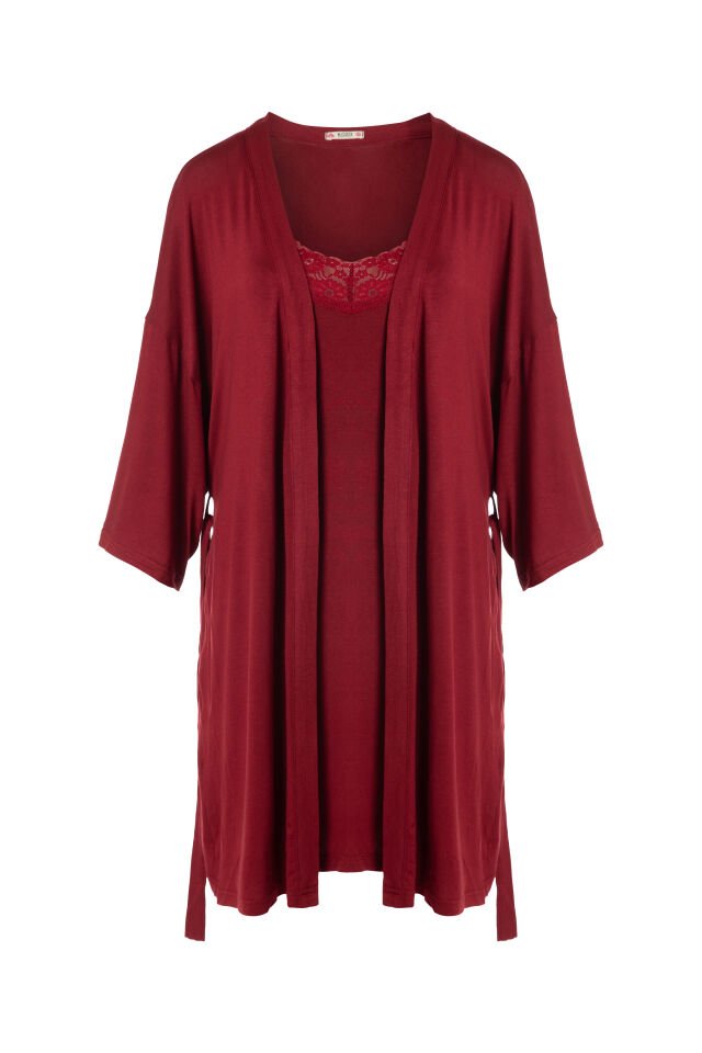 Sevgililer Günü Temalı Kadın Viskon - Yumuşak Dokulu İkili Dantelli Gecelik Sabahlık Takım KO70120 Bordo - M - KO70120 Bordo - M